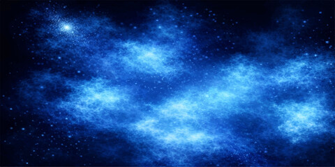 Naklejka premium A deep blue space background features a bright galaxy nebula with glowing stars and dark cosmic clouds across the vast night universe in this fantasy astronomy illustration
