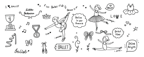 Hand drawn ballerina and item element line doodle concept set. Illustration vector design.