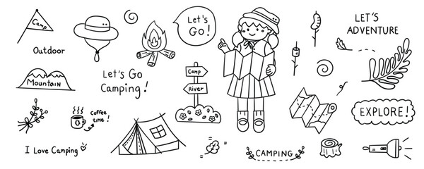 Hand drawn camping element line doodle concept set. Illustration vector design.