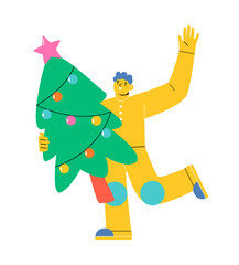 Man holding christmas tree. New year. Colorful vector illustration