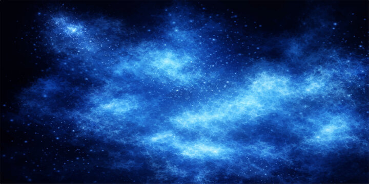 An abstract blue nebula glows within a dark cosmic sky filled with bright stars and deep outer space backgrounds for a fantasy astronomy illustration