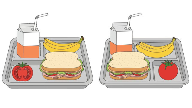 School lunch tray with sandwich milk banana and tomato illustration