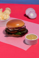 Trendy Culinary Scene: Freshly Made Burger in a Colorful Setting