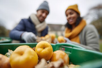 African American couple harvesting fruit during autumn, collecting fresh produce in a green bin