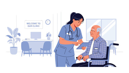 Modern vector illustration of healthcare worker assisting patient at clinic reception area, medical service industry, patient care, and healthcare support concept