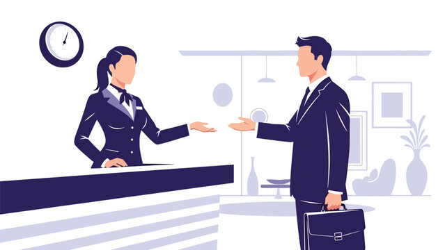 Modern vector illustration of hotel receptionist welcoming guest at front desk in modern lobby, hospitality service industry, travel accommodation, and customer experience concept