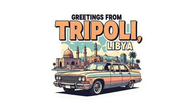 Vintage Car in Front of Iconic Mosque and City Skyline in Tripoli Libya