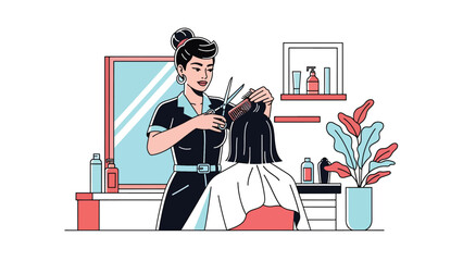 Modern vector illustration of stylist providing haircut in beauty salon, personal care service industry, fashion, and grooming concept.