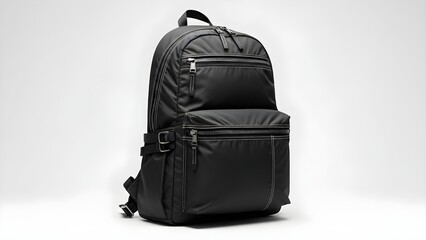 Naklejka premium Black nylon backpack with multiple zippers on white background