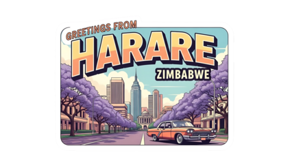 Vintage Car Parked in Harare Cityscape with Purple Trees and Skyline