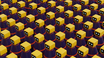 Fototapeta premium Rows of identical yellow robots with blue bases arranged in a grid pattern