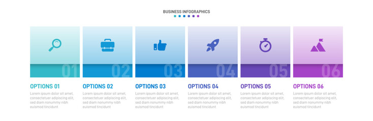Progress bar featuring 6 arrow-shaped elements, symbolizing the six stages of business strategy and progression. Clean timeline infographic design template. Vector for mobile presentation.