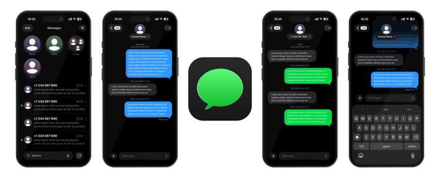iMessage UI mockup screen 2026 update Dark and light mode with app icon logo liquird glass iOS 26 shown on iPhone 17 Pro transparent background