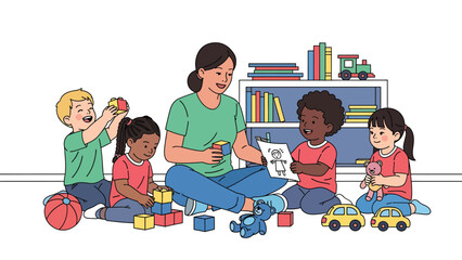 Modern vector illustration of childcare worker playing with kids in daycare room, childcare service industry and early education support concept