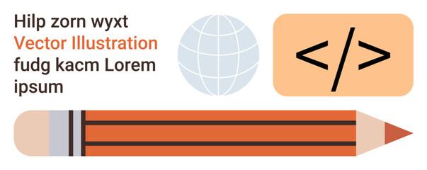 Education, programming, web development, global communication, design tools, learning. Elements include pencil, globe and coding symbol. Education and programming concept for learning platforms