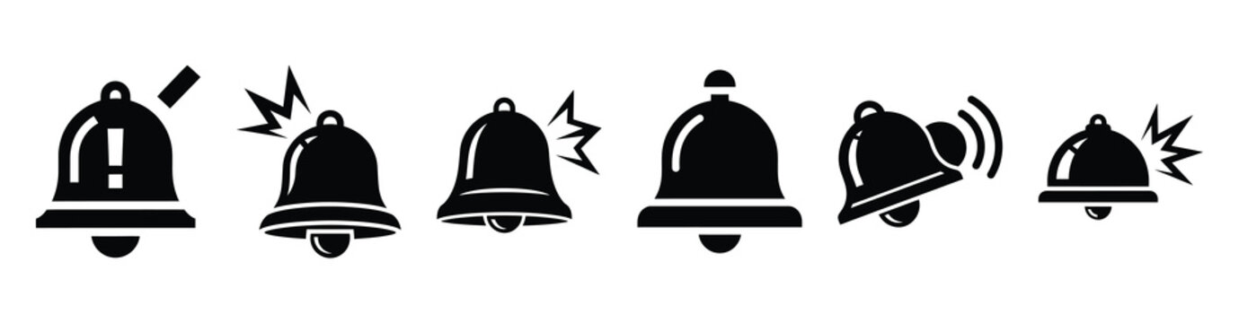 Set of whistleblower alert bell vector icons isolated on white background. Vector illustration. Black flat design