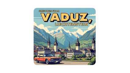 Vintage Car Townscape in Vaduz Liechtenstein with Mountain View