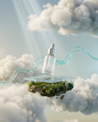 Floating Skincare Serum Bottle Above Clouds with Soft Natural Light