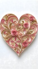 Intricate Heart Shape with Pink Roses Quilling Art