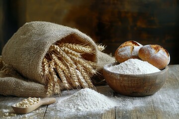 Rustic still life with wheat ears in burlap bag bowl of flour and baked bread rolls