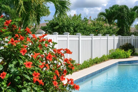 Backyard swimming pool with white privacy fence and blooming red hibiscus flowers