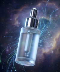 Futuristic Biotech Skincare Serum Bottle with Cosmic Energy Background