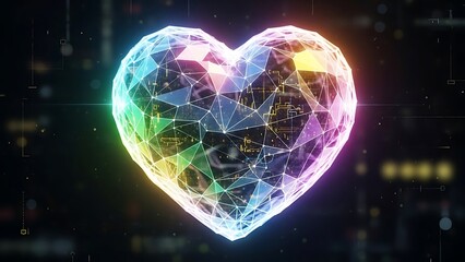 Polygonal heart with colorful digital connections