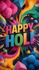 Vibrant Holi mobile wallpaper featuring 3D abstract geometric shapes and color splashes