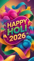 Happy Holi 2026 vertical greeting card with 3D colorful ribbons and powder elements