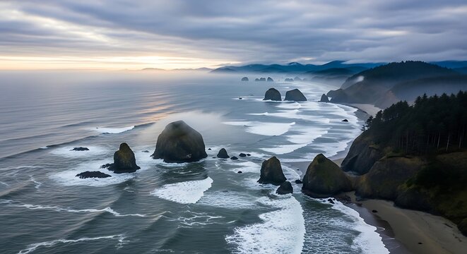 Aerial view of a coastline at dawn, with rocky islands emerging from the ocean, waves crashing on the sandy shore, and mist - Powered by Adobe