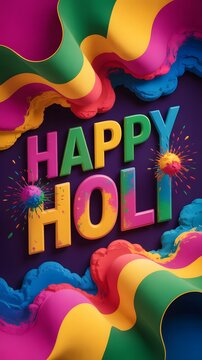Happy Holi mobile wallpaper with 3D vibrant color waves and creative vertical typography