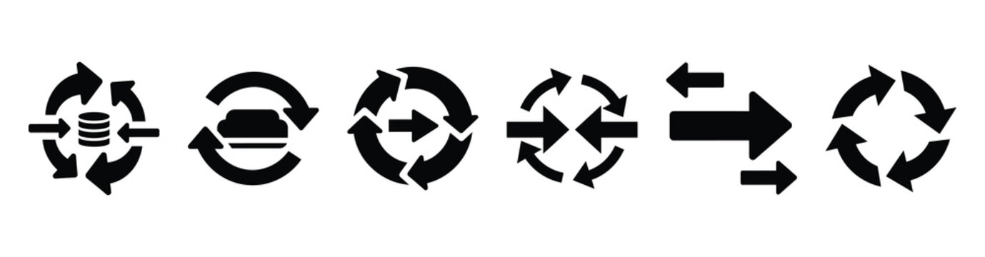 Set of data portability arrows vector icons isolated on white background. Vector illustration. Black flat design