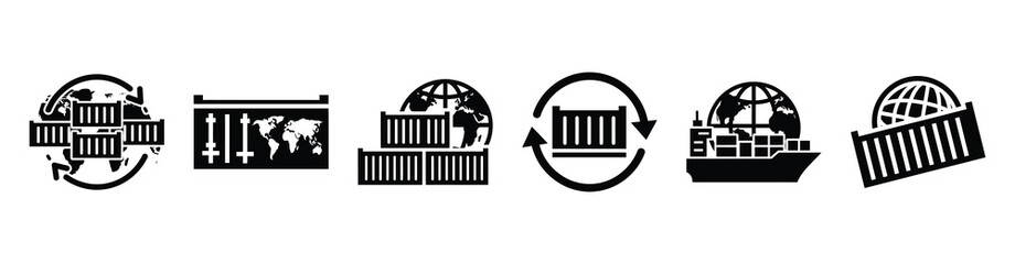 Naklejka premium Set of global trade container vector icons isolated on white background. Vector illustration. Black flat design