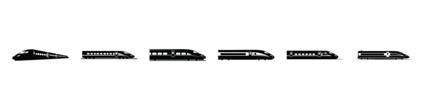 Set of high speed rail vector icons isolated on white background. Vector illustration. Black flat design