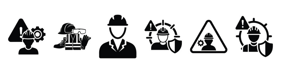 Set of occupational safety sign vector icons isolated on white background. Vector illustration. Black flat design