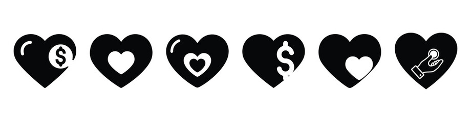 Set of philanthropy fund heart vector icons isolated on white background. Vector illustration. Black flat design