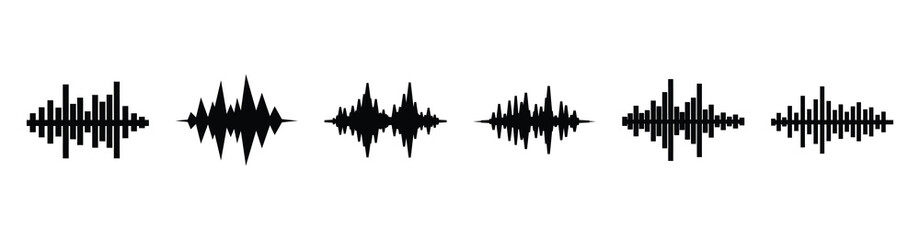 Set of podcast episode waveform vector icons isolated on white background. Vector illustration. Black flat design