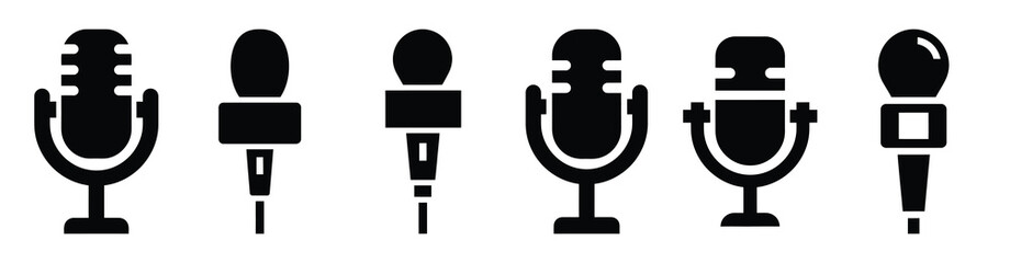 Set of press interview mic vector icons isolated on white background. Vector illustration. Black flat design