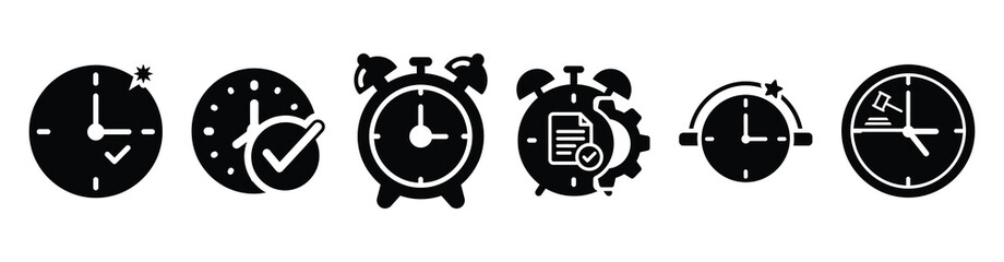 Set of probation review clock vector icons isolated on white background. Vector illustration. Black flat design