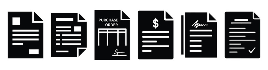Set of purchase order document vector icons isolated on white background. Vector illustration. Black flat design