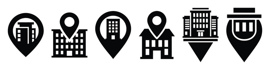 Set of regional office pin vector icons isolated on white background. Vector illustration. Black flat design