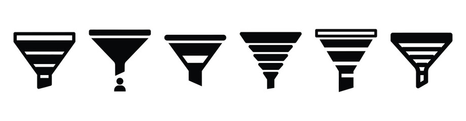 Set of recruitment pipeline funnel vector icons isolated on white background. Vector illustration. Black flat design