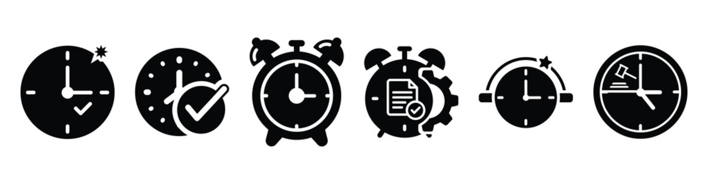 Set of probation review clock vector icons isolated on white background. Vector illustration. Black flat design