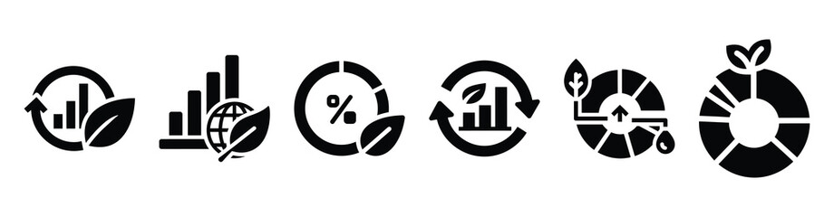 Set of sustainability metrics chart vector icons isolated on white background. Vector illustration. Black flat design