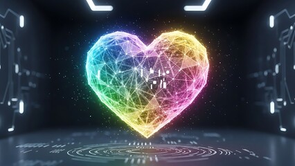 Abstract geometric neon heart digital technology