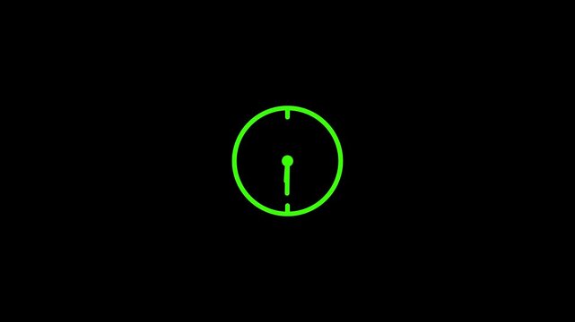 Green clock icon on black background time watch. Analog clock spinning animation loop,