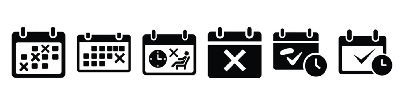 Set of time off calendar vector icons isolated on white background. Vector illustration. Black flat design