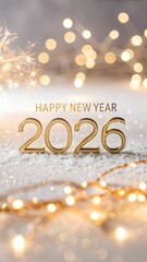 Happy New Year 2026 sparkling text, glowing gold numbers, glitter effect, soft bokeh lights, elegant festive background, premium typography focus, high resolution, clean and classy look
