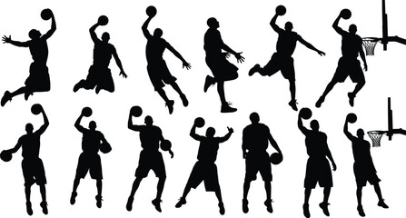 Basketball dunk silhouettes, slam dunk action, player poses, hoop scenes, athletic motion, black vector, sports icon, dynamic movement, game illustration, jump sequence © stock i