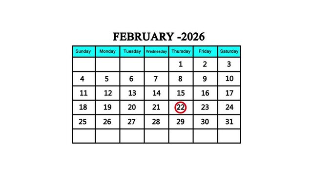 The calendar of February month 22th day is red circled, looped animation. A very important date in the calendar. Signing a day on a calendar. white background. 4k video 
